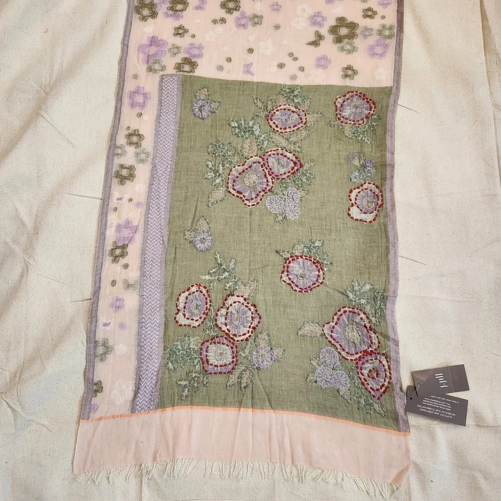 New J. Jill Cotton Floral Embroidered Fringe Scarf Pink Green Kantha Light